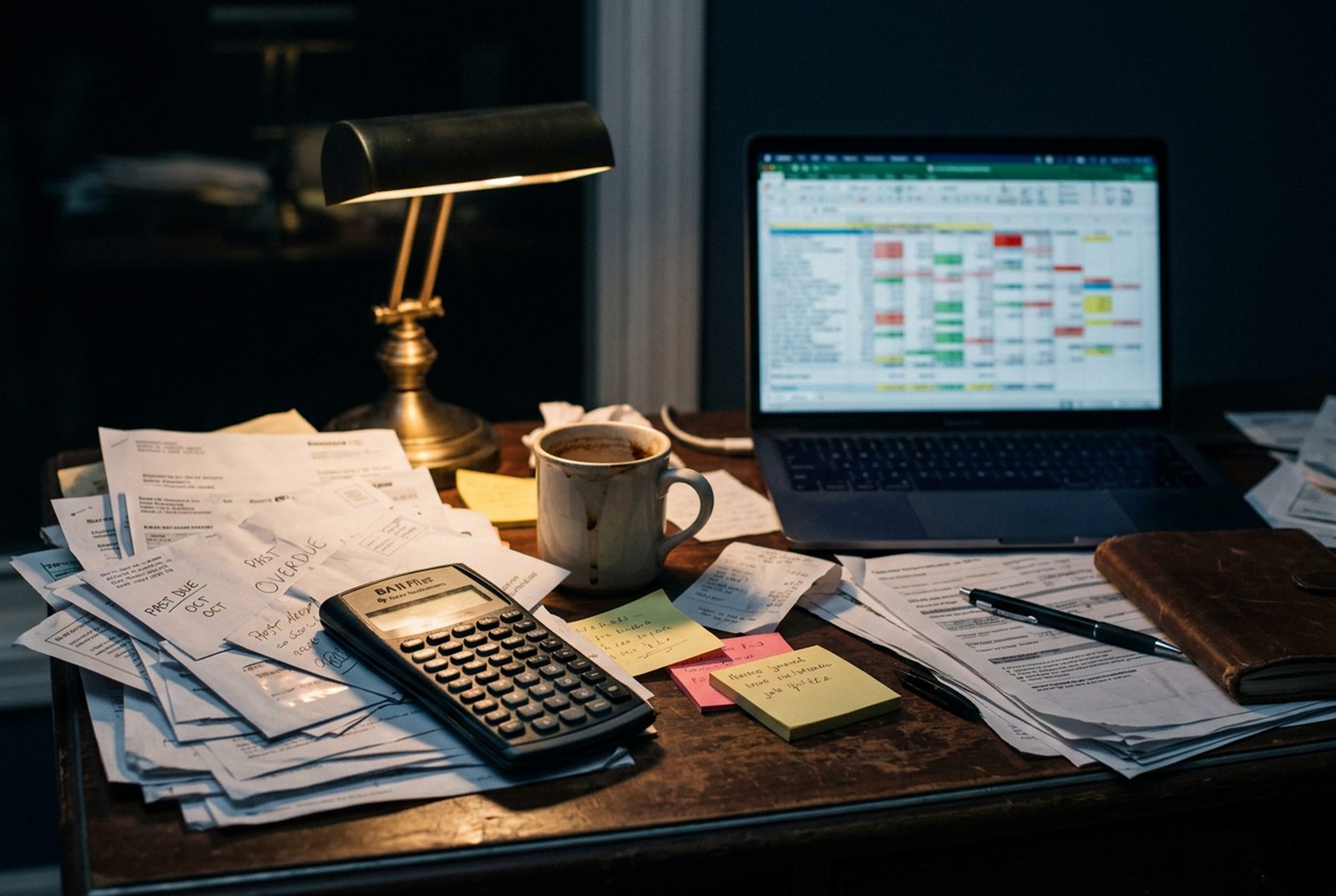 Mesa de trabalho com pilha de boletos vencidos e uma planilha bagunçada: o financeiro de uma pequena empresa tocado no achismo