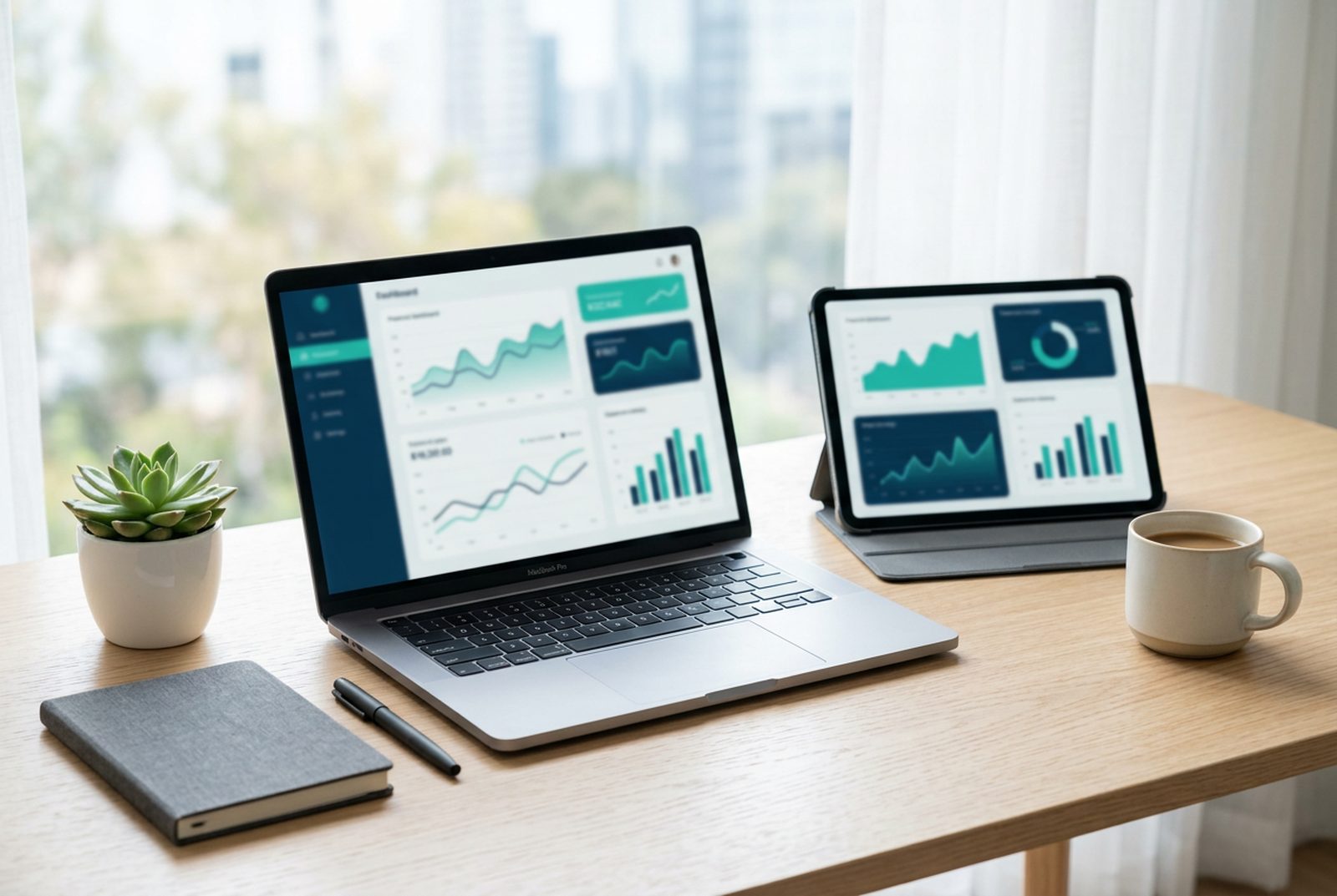 Relatórios financeiros organizados em tempo real em laptop e tablet: DRE e fluxo de caixa de uma pequena empresa sob controle